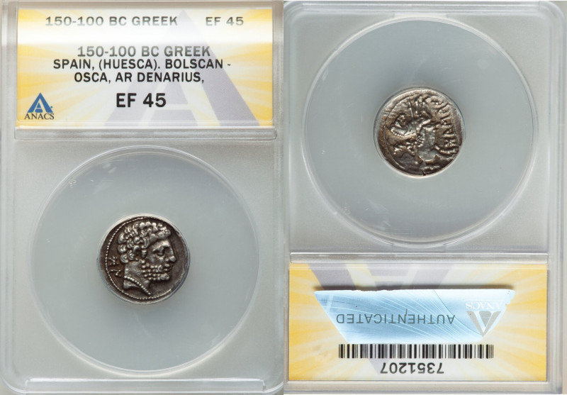 SPAIN. Bolscan (Osca). Ca. 2nd-1st centuries BC. AR denarius (19mm, 2h). ANACS X...