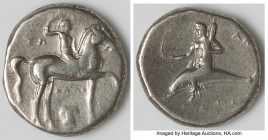 CALABRIA. Tarentum. Ca. 281-240 BC. AR didrachm (20mm, 6.50 gm, 2h). Choice Fine. Ialo-, Ie- and An, magistrates. Youth on horseback right, crowning h...