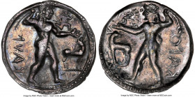BRUTTIUM. Caulonia. Late 6th century BC. AR stater or nomos (29mm, 7.79 gm, 12h). NGC Choice VF 5/5 - 4/5. KAVΛ (retrograde), full-length figure of Ap...