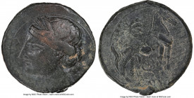 CARTHAGE. Zeugitana. Ca. 221-210 BC. AE trishekel (30mm, 12h). NGC VF. Second Punic War, ca. 220-215 BC. Head of Tanit left, wreathed with grain, wear...