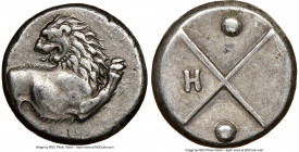 THRACE. Chersonesus. Ca. 4th century BC. AR hemidrachm (12mm). NGC AU. Persic standard, ca. 480-350 BC. Forepart of lion right, head reverted / Quadri...