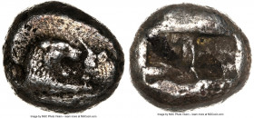 LYDIAN KINGDOM. Croesus (561-546 BC). AR third-stater (13mm, 3.29 gm). NGC VF 5/5 - 2/5. Confronted foreparts of lion left facing right, and bull righ...