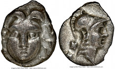 PISIDIA. Selge. Ca. 4th century BC. AR obol (10mm, 12h). NGC XF, edge chip. Head of gorgoneion facing with flowing hair / Head of Athena right, wearin...