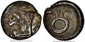 ASIA MINOR. Uncertain. Ca. 5th century BC. AR hemiobol (7mm, 5h). NGC Choice VF. Lion head left / Archaic symbol within incuse square. Rosen 406 (disk...
