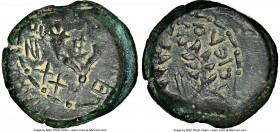 JUDAEA. Hasmoneans. Mattatayah Antigonus (40-37 BC). AE 8-prutot (26mm, 15.38 gm, 5h). NGC Choice VF 3/5 - 3/5, repatinated. Jerusalem. Mattatayah the...