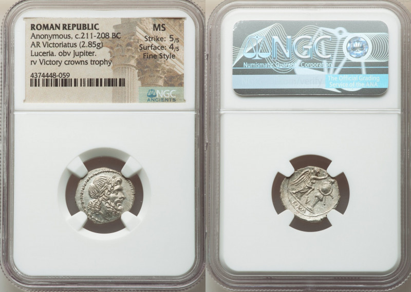 Anonymous. Ca. 211-208 BC. AR victoriatus (12mm, 2.85 gm, 1h). NGC MS 5/5 - 4/5,...