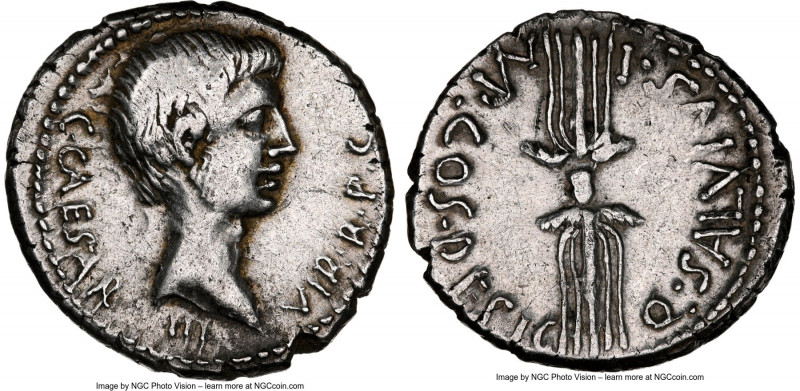 Octavian, as Imperator and Triumvir (43-33 BC). AR denarius (18mm, 3.76 gm, 10h)...