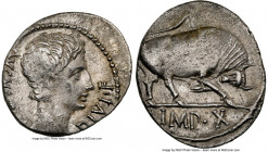 Augustus (27 BC-AD 14). AR denarius (19mm, 3.57 gm, 4h). NGC Choice XF 2/5 - 3/5. Lugdunum, ca. 15-13 BC. AVGVSTVS-DIVI•F, bare head of Augustus right...