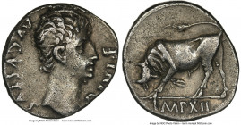 Augustus (27 BC-AD 14). AR denarius (18mm, 5h). NGC Choice VF. Lugdunum, ca. 11-10 BC. AVGVSTVS-DIVI•F, bare head of Augustus right / IMP•XII, bull ch...