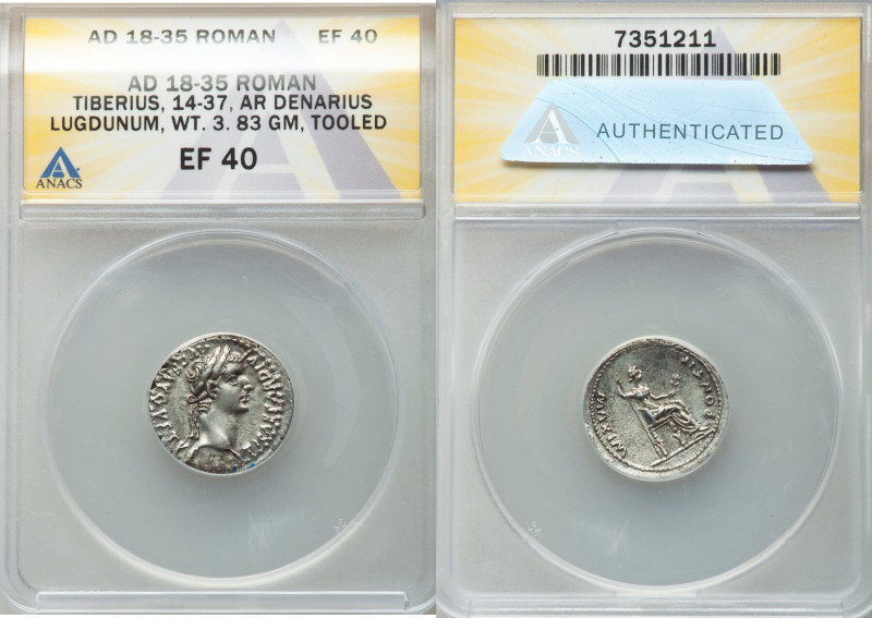 Tiberius (AD 14-37). AR denarius (19mm, 3.83 gm, 11h). ANACS XF 40, tooled. Lugd...