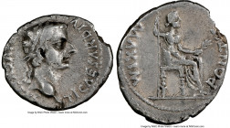 Tiberius (AD 14-37). AR denarius (19mm, 3.50 gm, 8h). NGC VF 4/5 - 2/5, edge chip, small edge cuts. Lugdunum, ca. AD 15-18. TI CAESAR DIVI-AVG F AVGVS...