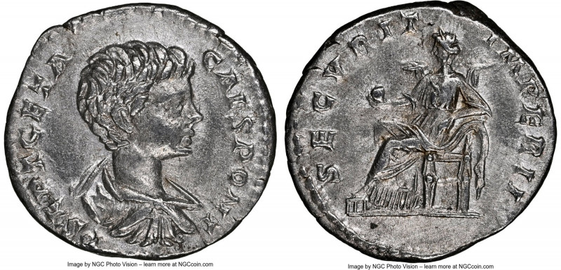 Geta, as Caesar (AD 209-211). AR denarius (18mm, 3.10 gm, 1h). NGC AU 5/5 - 2/5,...