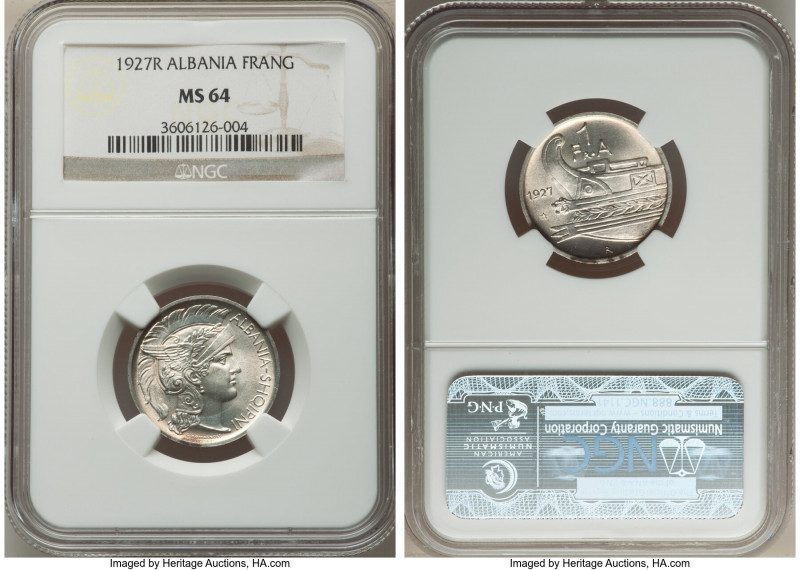 Zog I Frang Ar 1927-R MS64 NGC, Rome mint, KM6. Excellent style, satin surfaces ...