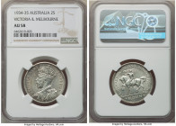 George V "Victoria & Melbourne" Florin 1934-1935 AU58 NGC, Melbourne mint, KM33. Commemorates the 100th anniversary of Victoria and foundation of Melb...