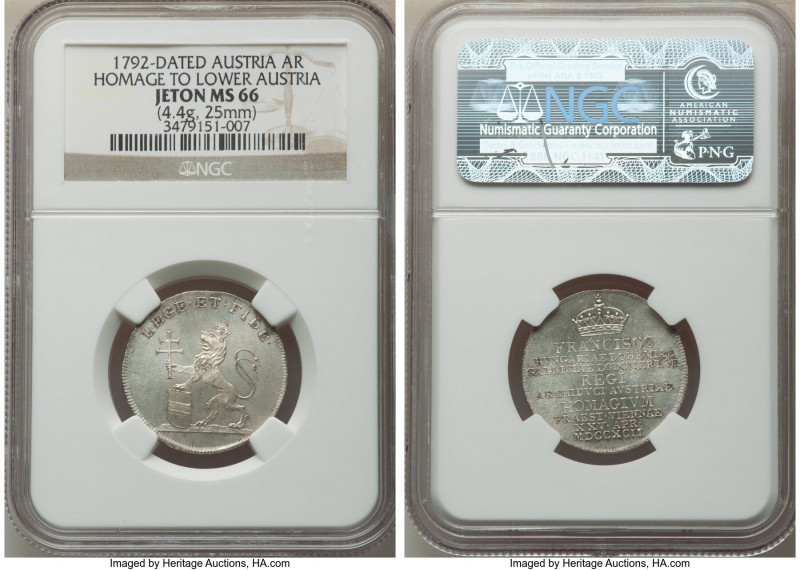 Franz II (I) silver "Homage to Lower Austria" Jeton 1792 MS66 NGC, 25mm. 4.4gm. ...