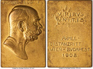 Franz Joseph I gilt-bronze "Endurance Ride Vienna to Budapest" Plaque 1908, 45.8x65.8mm. 78.24gm. FRANC IOS I his bare head right, signed in lower lef...