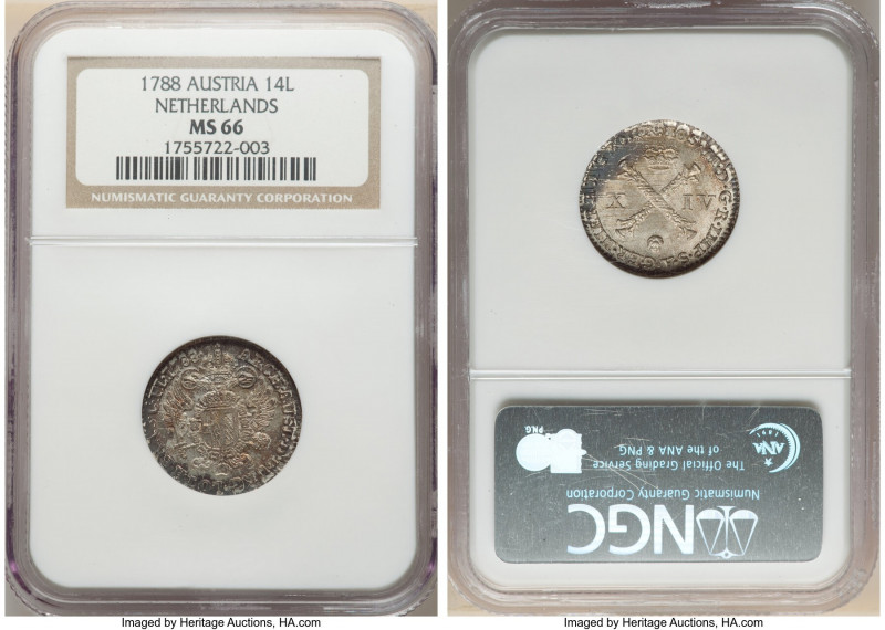 Joseph II 14 Liards 1788-(b) MS66 NGC, Brussels mint, KM37. First year of two ye...