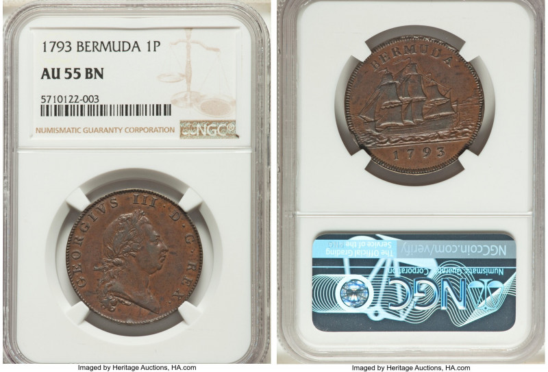 British Colony. George III Penny 1793 AU55 Brown NGC, Soho mint, KM5. Plain edge...