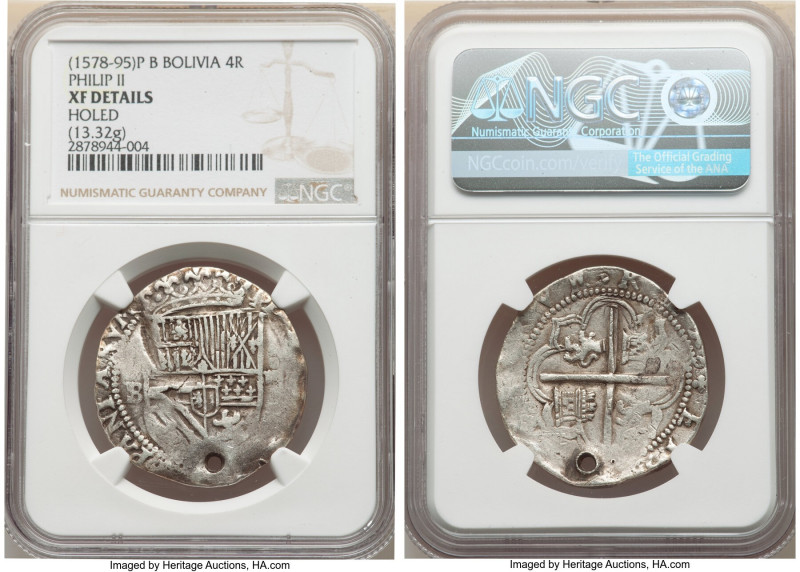 Philip II Cob 4 Reales ND (1578-1595) P-B XF Details (Holed) NGC, Potosi mint, K...