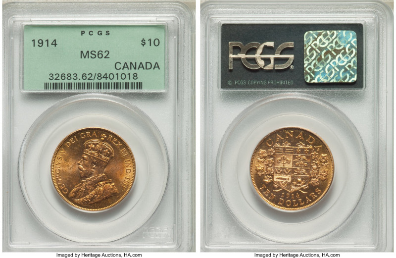 George V gold 10 Dollars 1914 MS62 PCGS, Ottawa mint, KM27. Conservatively grade...