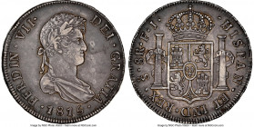 Ferdinand VII 8 Reales 1815 So-FJ XF Details (Obverse Graffiti) NGC, Santiago mint, KM80. Deeply toned in anthracite and gray, interestingly part of t...