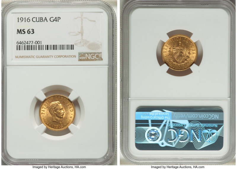 Republic gold 4 Pesos 1916 MS63 NGC, Philadelphia mint, KM18. Opaque cartwheel w...