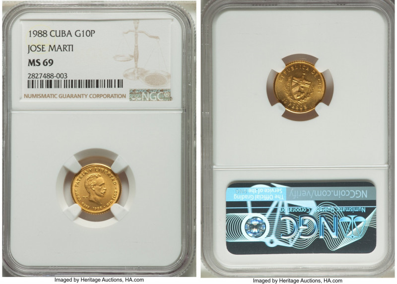 Republic gold "Jose Marti" 10 Pesos 1988 MS69 NGC, Havana mint, KM211. Mintage: ...