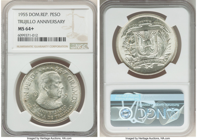 Republic Peso 1955-(p) MS64+ NGC, Philadelphia mint, KM23. Commemorating the 25t...