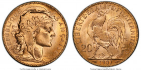 Republic gold 20 Francs 1907 MS66+ PCGS, KM857, Gad-1064a, F-535. Beautiful peripheral toning on a first rate lustrous flan and endowed with a crisp s...