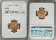 Republic gold "Bazor" 100 Francs 1935 MS64 NGC, Paris mint, KM880, F-554. Winged head of the Republic in Art Deco style, forever a popular type with l...