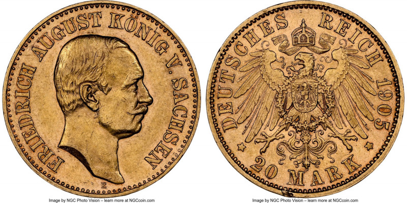 Saxony. Friedrich August III gold 20 Mark 1905-E AU58 NGC, Muldenhutten mint, KM...