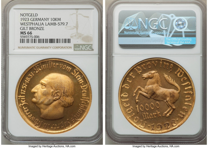 Westphalia gilt-bronze Notgeld 10000 Mark 1923 MS66 NGC, Lamb-579.7. Watery fiel...