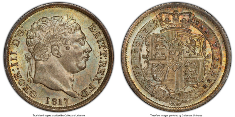 George III Shilling 1817 MS65 PCGS, KM666, S-3790. Lemon, lilac and mint-green t...
