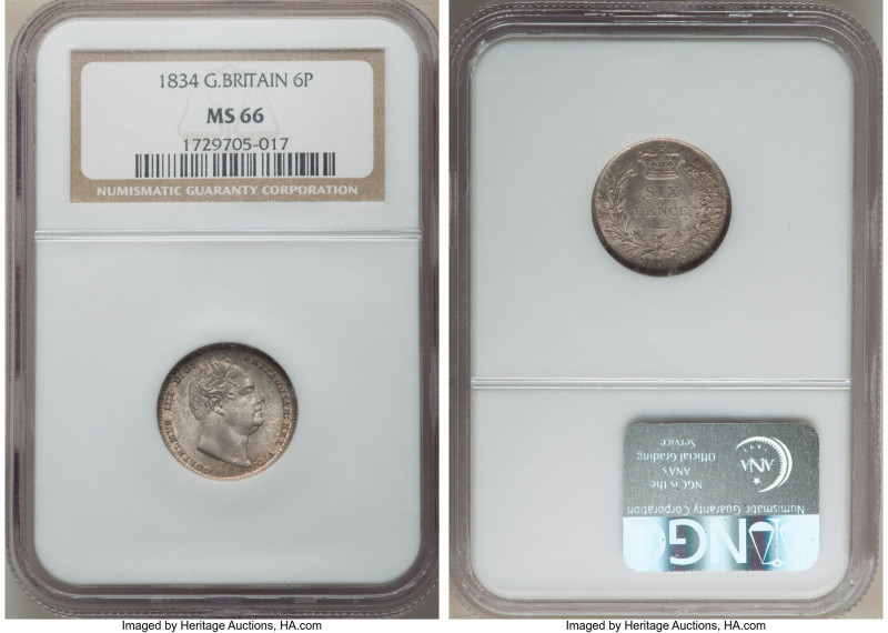 William IV 6 Pence 1834 MS66 NGC, KM712, S-3836. Tangerine accents on an olive-g...