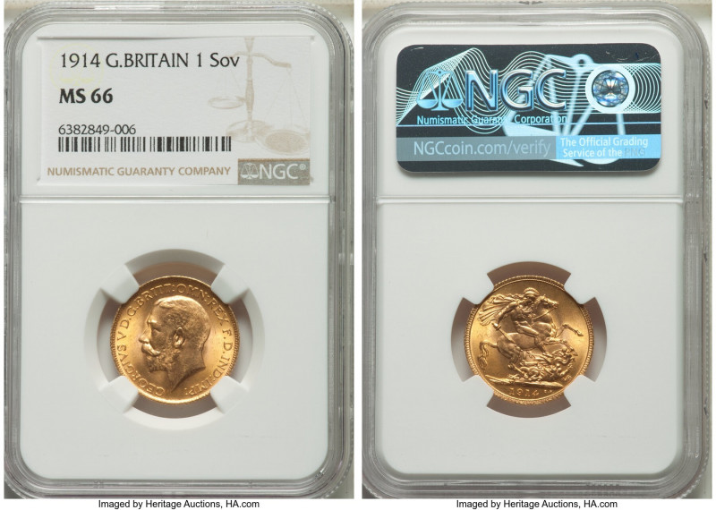 George V gold Sovereign 1914 MS66 NGC, KM820. Aesthetically pleasing with specta...