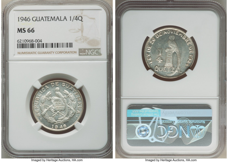 Republic 1/4 Quetzal 1946 MS66 NGC, KM243.2. This Mint State coin boasts fully-d...