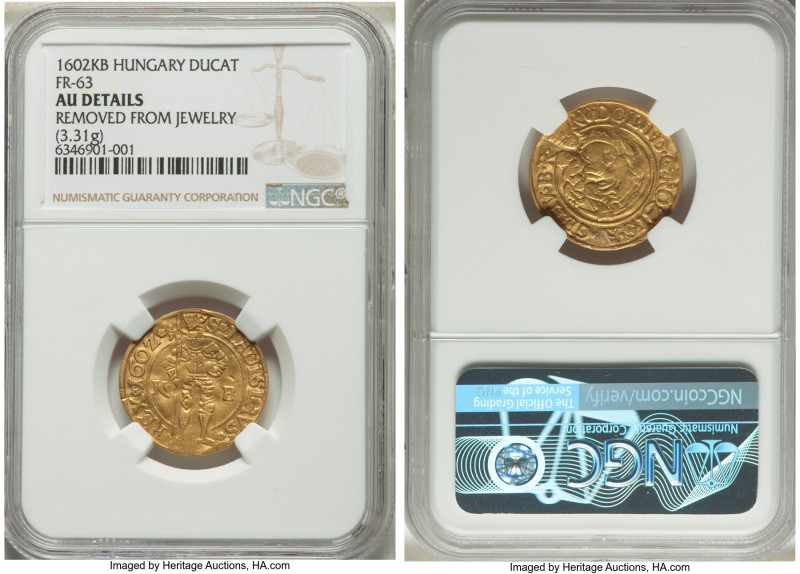 Rudolf II gold Ducat 1602 K-B AU Details (Removed From Jewelry) NGC, Kremnitz mi...
