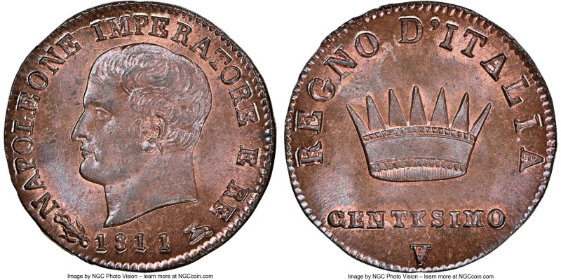 Kingdom of Napoleon. Napoleon Centesimo 1811-V MS65+ Red and Brown NGC, Venice m...