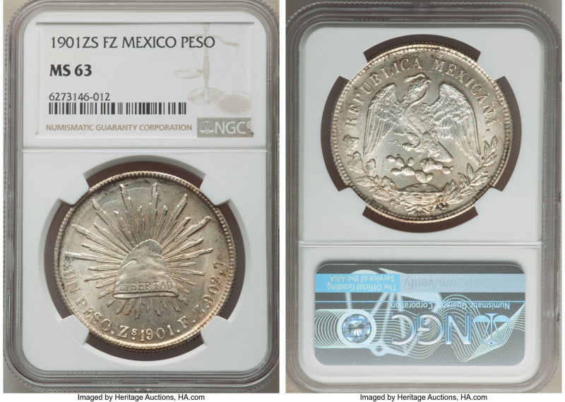 Republic Peso 1901 Zs-FZ MS63 NGC, Zacatecas mint, KM409.3. Rolling luster with ...