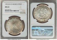 Republic Peso 1901 Zs-FZ MS63 NGC, Zacatecas mint, KM409.3. Rolling luster with gold and argent color, boldly struck cap and rays with several fine ha...