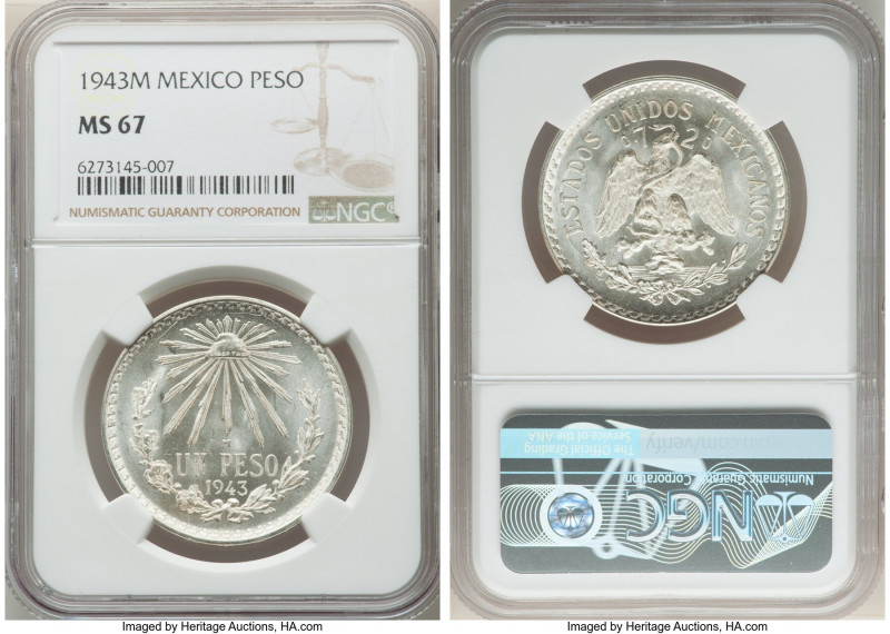 Republic Peso 1943-M MS67 NGC, KM455. An eye-catching, highly reflective Gem Min...