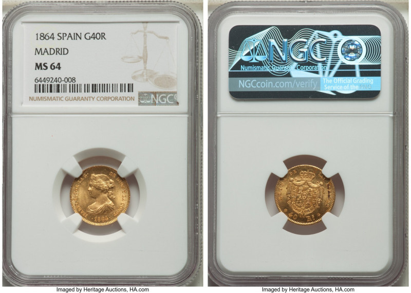 Isabel II gold 40 Reales 1864 MS64 NGC, Madrid mint, KM618.1. Eye-appealing near...