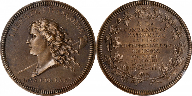 France. 1792 Lyon Convention Medal. By Galle. Maz-318. Metal de Cloche. MS-63 (P...