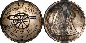 5th Light Battery, Massachusetts Volunteer Militia Engraving on an 1872 Liberty Seated silver dollar. Host coin Very Fine, Pinback Removed.
The host ...