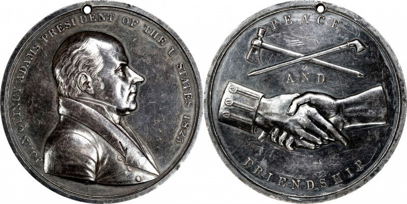 1825 John Quincy Adams Indian Peace Medal. Silver. Second Size. Julian IP-12, Pr...