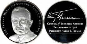 2005 Truman Medal for Economic Policy. Silver. Awarded to Paul A. Volcker, October 23, 2009. Deep Cameo Proof.
76 mm. 156 grams, fineness unknown. Ob...