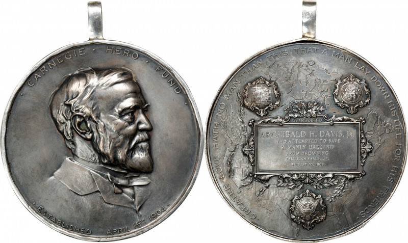 1909 Carnegie Hero Fund Medal. Silver. About Uncirculated, Mounted in a Bezel.
...