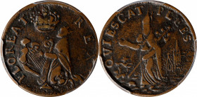 Undated (ca. 1652-1674) St. Patrick Farthing. Martin 1a.3-Ba.22, W-11500. Rarity-6+. Copper. Nothing Below King. VF-30 (PCGS).
A well made and nicely...
