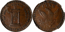 "1789" Mott Token. Breen-1022. Thick Planchet. Plain Edge. MS-63 BN (NGC).
An uncommonly well preserved example of this intriguing early American tok...