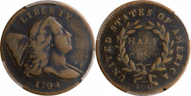 1794 Liberty Cap Half Cent. C-5a. Rarity-4+. Normal Head. Small Edge Letters. Fine-15 (PCGS).
Rich antique copper patina with lighter golden-brown in...